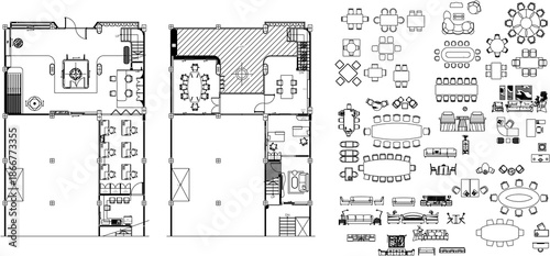 Bild auf Leinwand Interior Design Drawing of Office Furniture Layout Plan for a Two-Storey Commerc