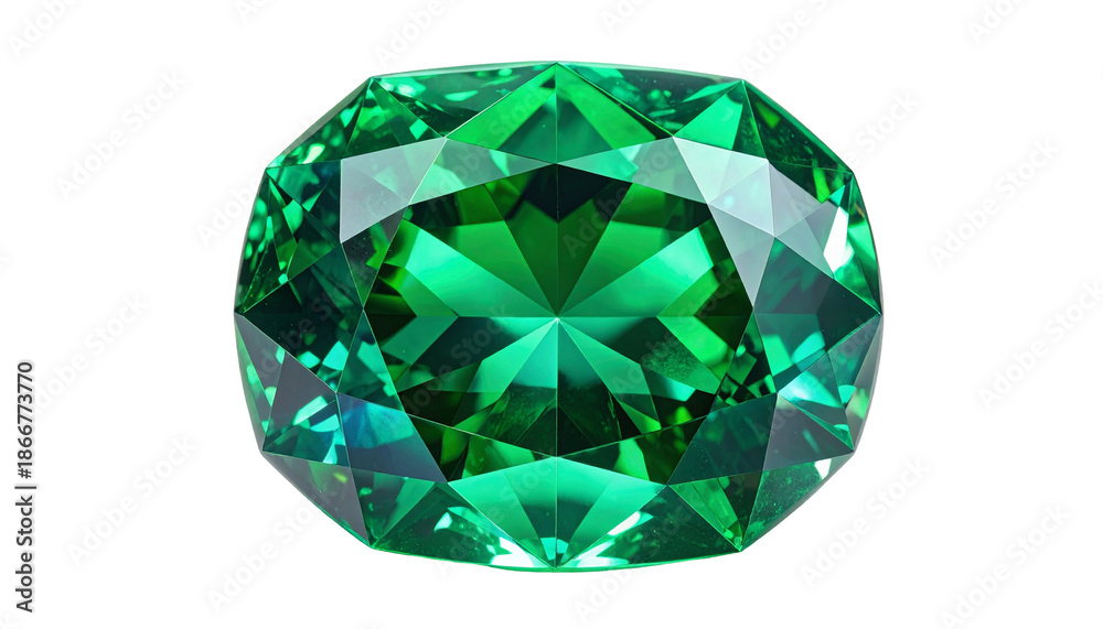Fototapeta premium Faceted emerald gemstone sparkles against a stark black background