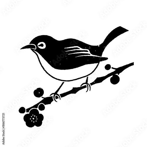 版画風　メジロと梅　単色