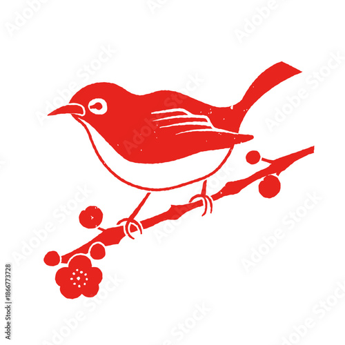 版画風　メジロと梅　単色