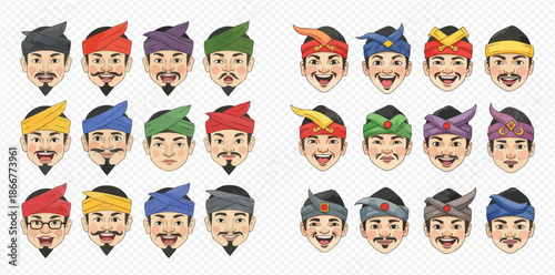 Set of cartoon male characters with traditional headwear and various expressions.