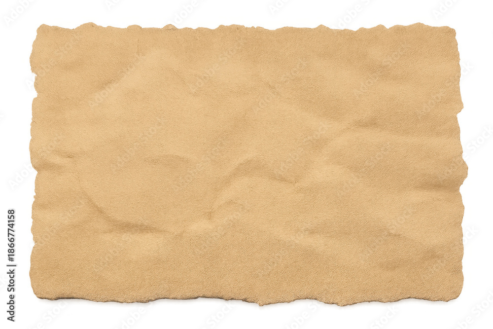 Fototapeta premium Old wrinkled parchment paper texture with torn edges and crumpling details, having a transparent background