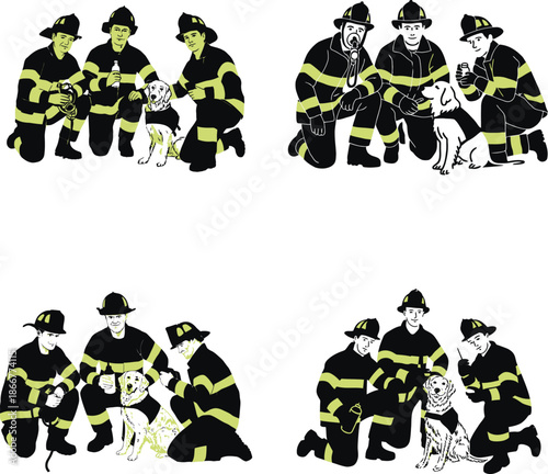 Brave firefighters in uniform kneeling together interacting with their K9 companion dogs