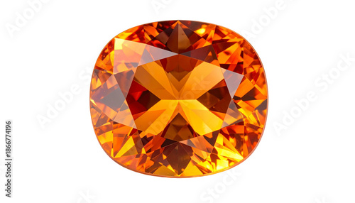 A radiant, faceted orange gemstone isolated against a black background