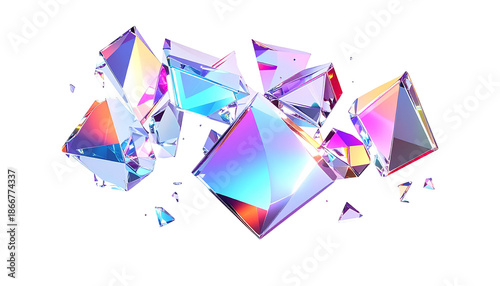 Shattered, iridescent crystalline forms floating against a black background