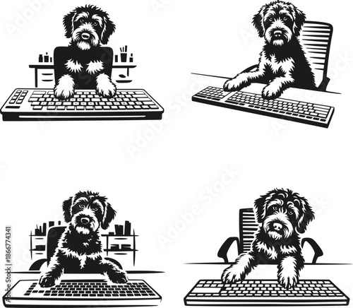 Four amusing illustrations of a shaggy dog diligently typing on a computer keyboard at an office desk