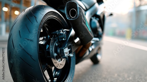 Wallpaper Mural Close-Up View of a Modern Motorcycle Wheel and Exhaust Featuring Sleek Design and High-Performance Elements on an Urban Street Torontodigital.ca