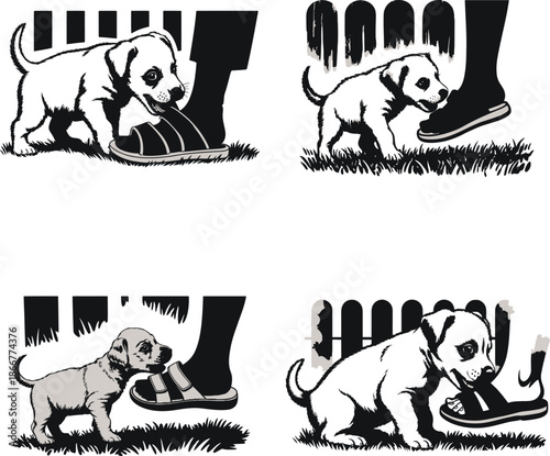 Four charming illustrations of playful puppies exploring human feet and sandals near a fence outdoors