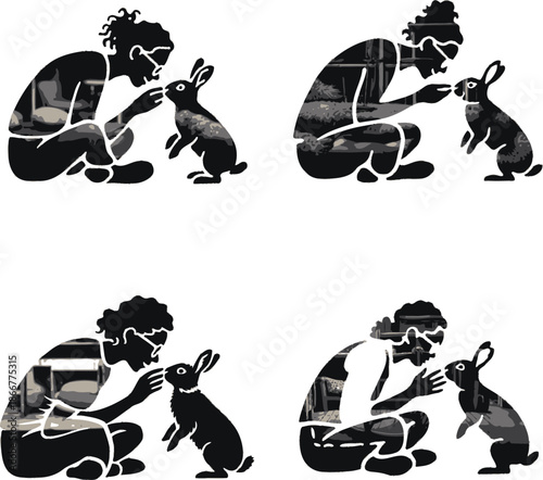 Silhouetted figures show a person affectionately interacting with a rabbit in different gentle poses