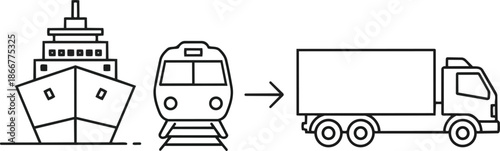 Intermodal transportation: ship train and truck logistics.