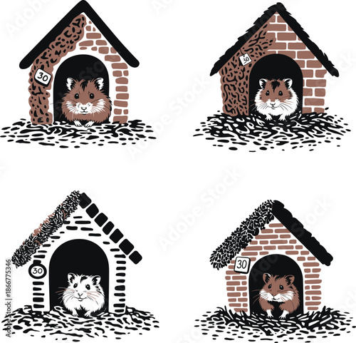 Small furry hamsters peek out of cozy brick textured houses with decorative leaves and signs