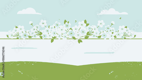 Vibrant Spring Landscape with Blooming White Flowers and Green Field under a Cloudy Sky, Peaceful Natural Scenery