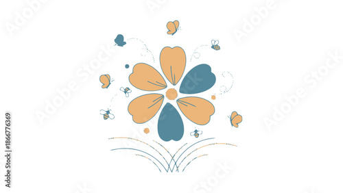 Whimsical Abstract Flower with Butterflies and Bees on Isolated White Background