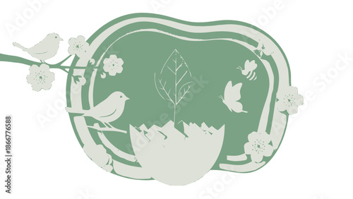 Spring Themed Emblem with Cracking Eggshell, Green Leaf, Birds, Butterflies, and Floral Elements on White Background