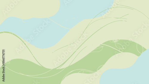 Abstract Flowing Organic Lines and Shapes in Pastel Green and Blue Hues on Bright Studio Background, Calm Gentle Design