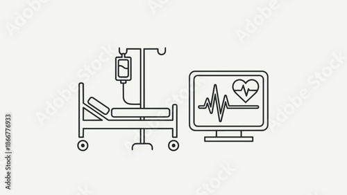 Medical Hospital Bed and Heart Monitor Icon.