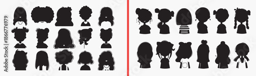 female portrait silhouettes, woman head profiles, girl face shadows, women avatar icons, female character vector, face silhouette pack, modern female illustration, portrait clipart collection, feminin