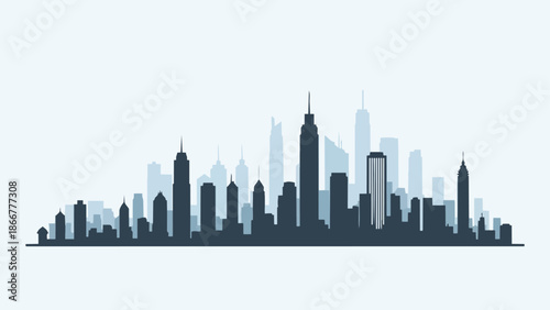Modern City Skyline Silhouette with Tall Buildings.