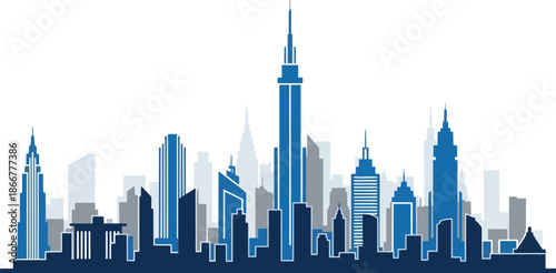 Modern City Skyline Silhouette with Blue Buildings.