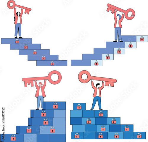 Business people holding success keys climbing stairs with locks representing progress and achieving professional goals flat vector