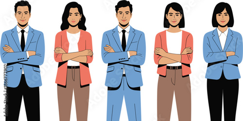 Confident young business professionals character set wearing blue blazers and coral pink jackets for modern corporate team flat vector