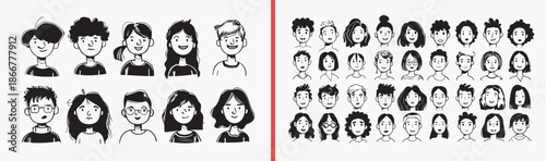 people portrait illustration, character face icons, male female avatars, human head drawings, cartoon portrait set, modern face vector, people clipart collection, character illustration pack, face ico