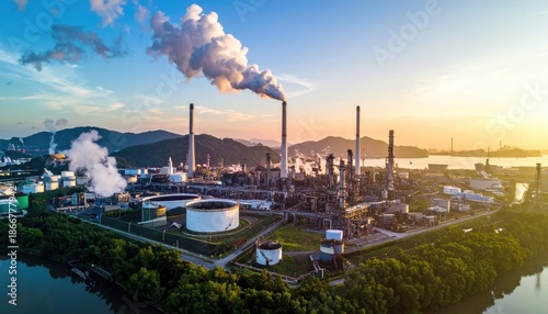 Aerial view of an industrial complex releasing smoke into the atmosphere, near water and mountains