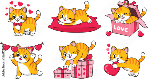 Cute ginger cat character set with hearts and gift boxes for Valentine's day celebration greeting cards and romantic stickers, isolated on white background