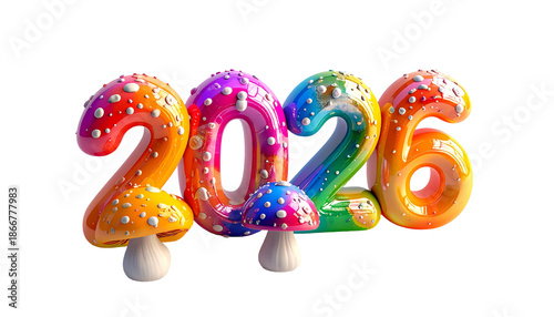 Colorful 3D numerals with mushroom caps celebrate the new year, 2026