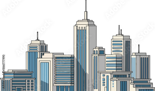 Modern Cityscape Skyline with Tall Buildings and Windows.