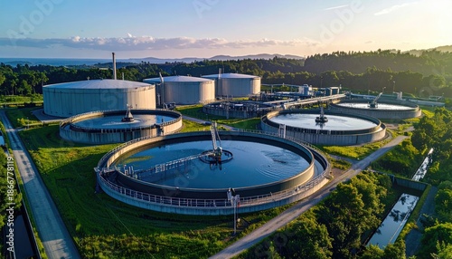 Aerial shot of water treatment plant with circular tanks, reservoirs, and surrounding greenery