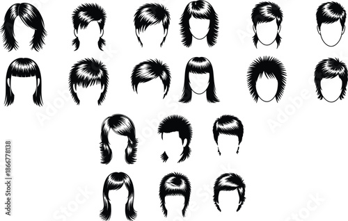 Hand drawn black and white men hairstyle set featuring various modern and classic haircuts for male grooming fashion