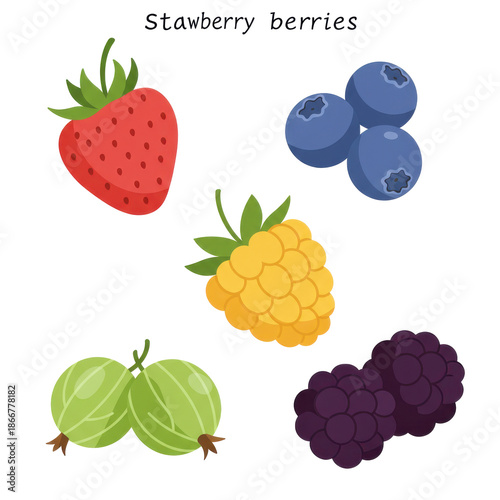Colorful assortment of fresh berries strawberry, blueberry, gooseberry, blackberry, and raspberry isolated on white background