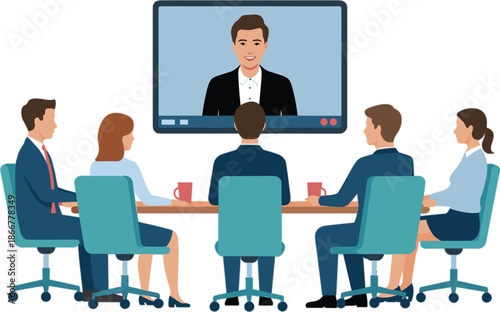 Professional business team having a video conference call with remote colleague on large screen in corporate office meeting room