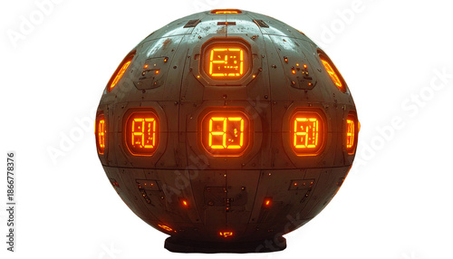 Metallic sphere with glowing orange displays, isolated on black