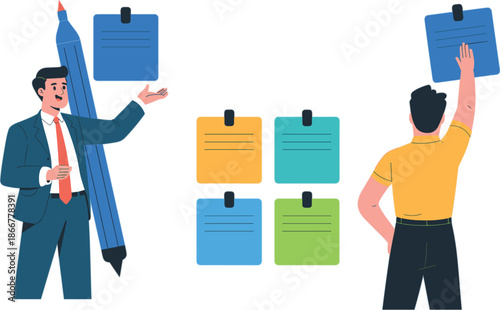 Professional businessmen organizing tasks on colorful sticky notes board with giant pencil for creative project management and corporate planning brainstorming