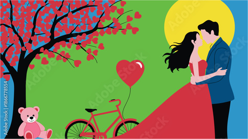 Romantic couple embracing under a heart leaf tree with a bicycle and teddy bear for Valentine's Day celebration background
