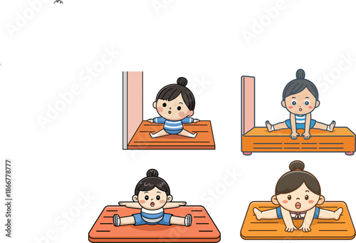 Set of cute cartoon girl characters performing split leg stretching exercises on yoga mats for fitness and gymnastics isolated on white background