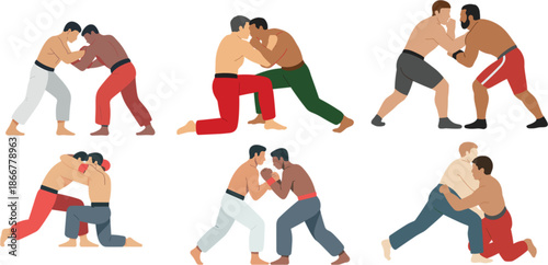 Set of Diverse Male Wrestlers Grappling and Training in Various Combat Sports Poses for Wrestling Martial Arts and Fitness Concept Vector