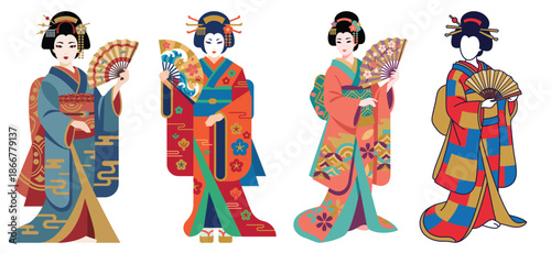 Kimono Ladies: A vibrant display of Japanese culture, featuring elegant women in traditional kimono, adorned with intricate patterns, holding fans, representing artistry and grace.