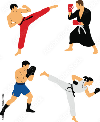 Set of Martial Arts and Boxing Characters Including Karate Kickboxing and Mixed Martial Arts Fighters for Sports and Fitness Concept Vector