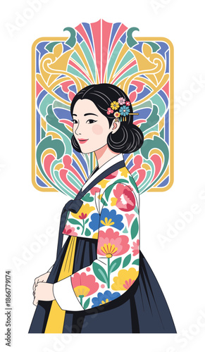 Timeless Elegance: A woman in traditional attire, poised with a serene expression. A stunning backdrop, a celebration of heritage.