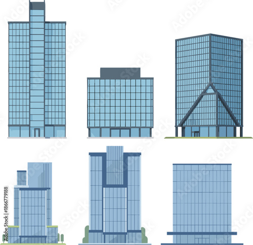 Set of modern office building illustrations with blue glass windows and professional skyscraper architecture for urban city design