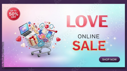 Online shopping sale banner with shopping cart and discount offer