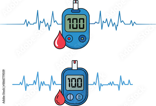 Vector Illustration of Digital Blood Glucose Monitor with Heartbeat Line for Diabetes Management and Healthcare Medical Concepts