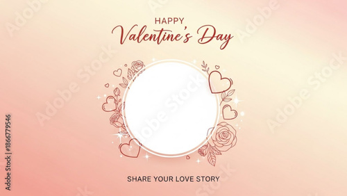Happy valentines day greeting card template with heart and rose illustrations on pink