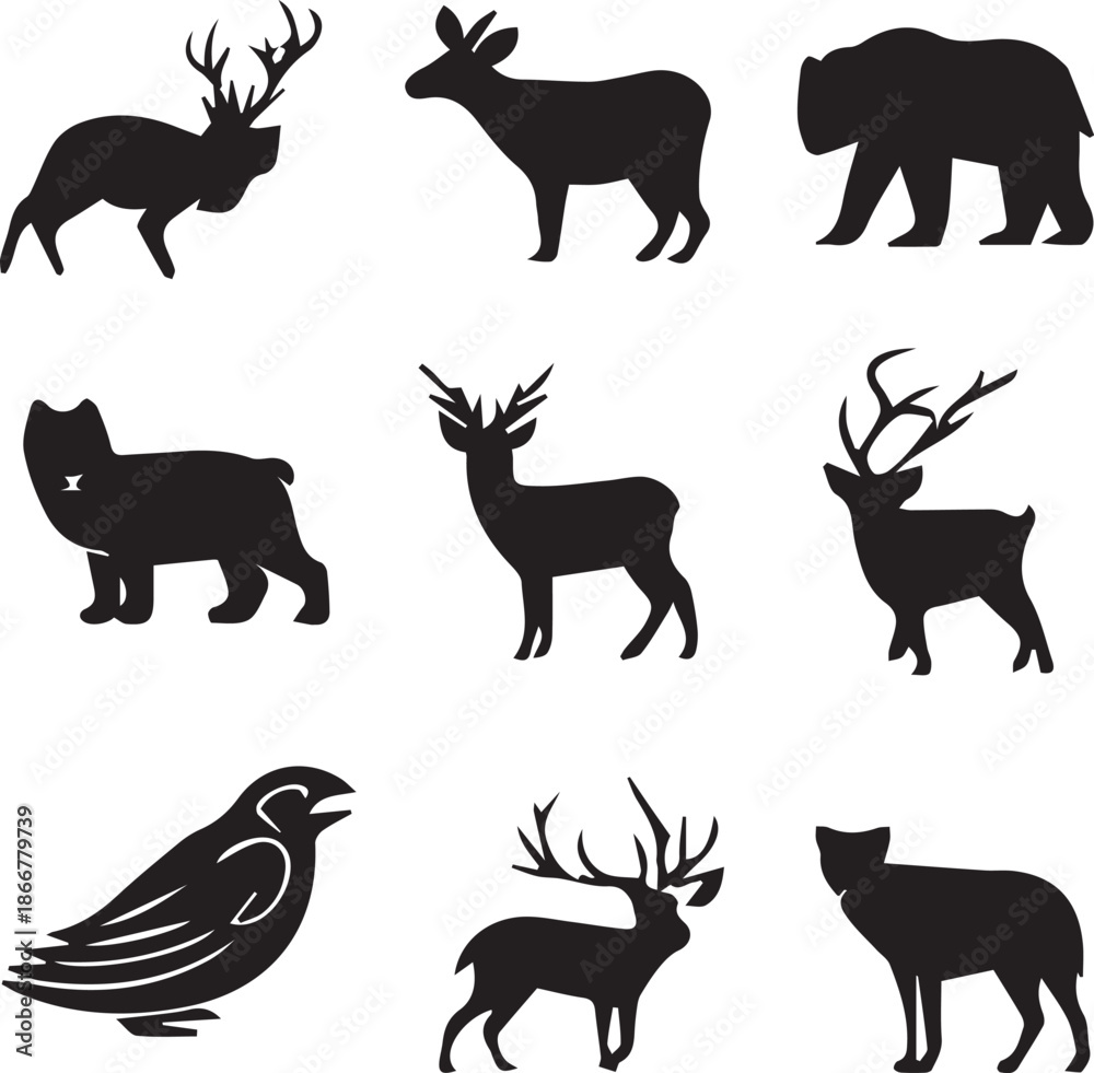 Obraz premium Black Wildlife Animal Silhouettes Nordic Nature Illustration Set