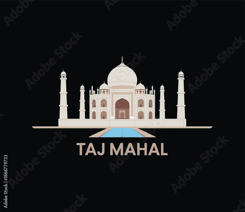 Vector Illustration of the Taj Mahal Landmark with Minarets and Reflecting Pool for India Travel and Architecture Concepts
