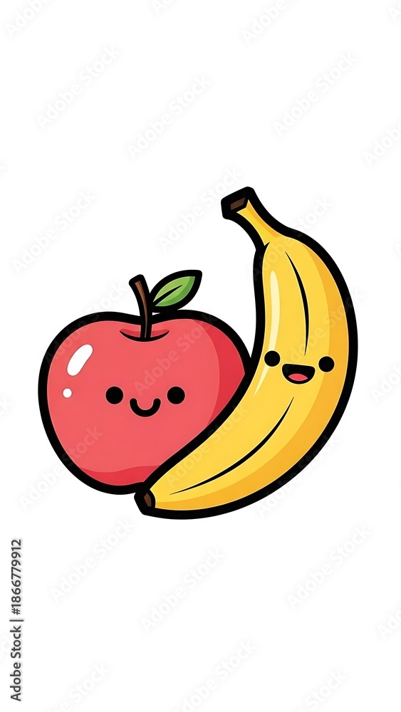 Obraz premium Cartoon apple and banana friends smiling.