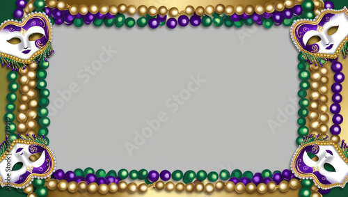Festive Mardi Gras Background with Beads and Masks for Text or Design